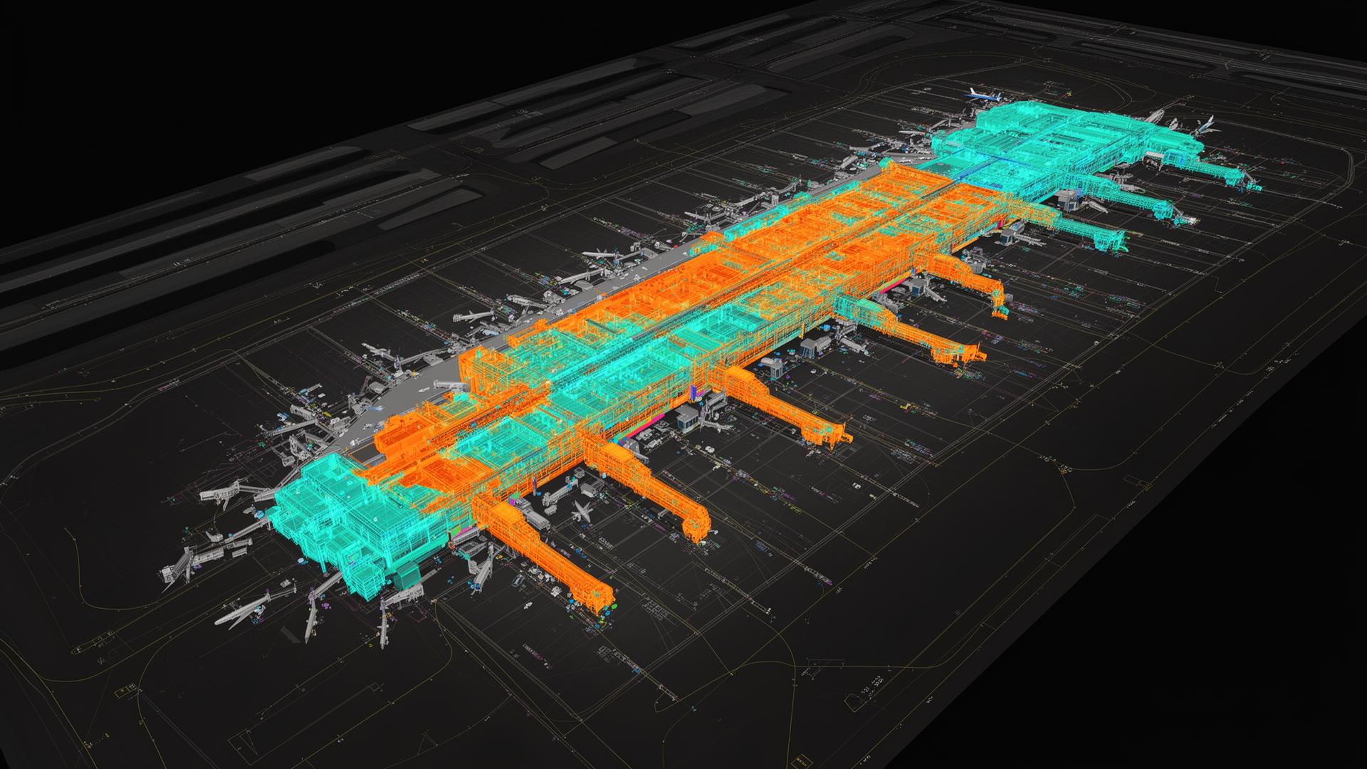 3D digital twin map of an airport terminal with heatmap overlays