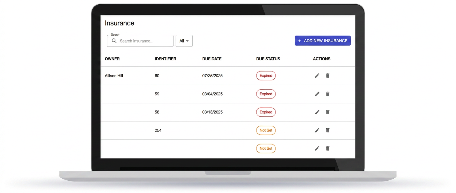 Insurance Tracking interface preview